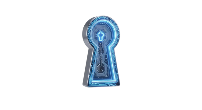 Illuminated blue futuristic keyhole with glowing edges isolated on transparent background