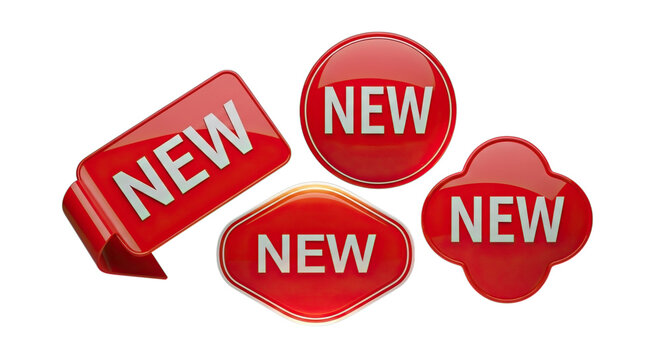 Collection of shiny red new product tags and labels with white text isolated on transparent background