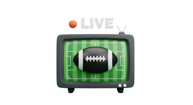 Retro television screen displaying a football game with the word live isolated on transparent background