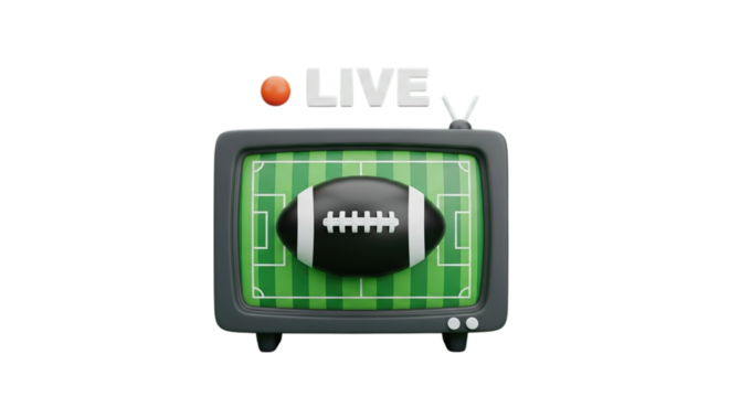 Retro television screen displaying a football game with the word live isolated on transparent background
