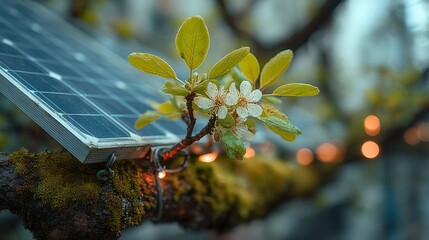 Solar panel powering lights among spring blossoms