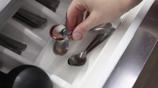 Folding teaspoons into a kitchen cutlery organizer. Clean spoons are folded into a cutlery tray, close-up. Kitchenware