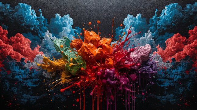 Vibrant explosion of colorful paint splashes in abstract motion, modern artistic composition symbolizing creativity, expression and energy in contemporary digital art design