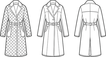 Technical flat sketch of a fashionable long quilted trench coat with belt, collar, and pockets, showcasing front, back, and detail views for women's apparel design templates.