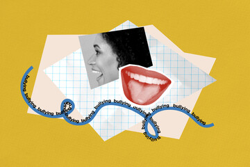 Composite collage trend artwork template design of woman head smile lips teeth talk bullying harassment domestic hate violence crime stop