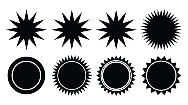 Bold black starburst and scalloped circle badges offer versatile design elements for impactful branding and promotional materials, ready for your creative touch.