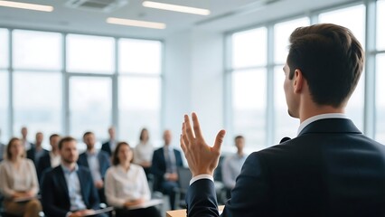 Business presentation speaker giving conference speech to audience at corporate seminar event hall room
