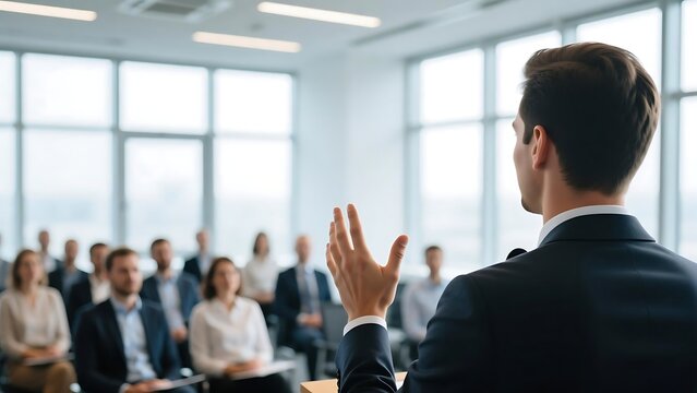 Business presentation speaker giving conference speech to audience at corporate seminar event hall room - Powered by Adobe