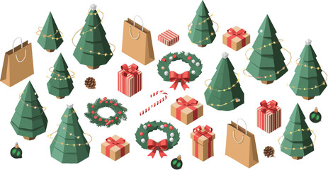 Isometric Christmas decorations collection, festive holiday trees, wreaths, gifts and ornaments, detailed 3D seasonal elements perfect for winter celebrations, design and illustration projects