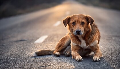 sad stray dog sitting on road with eyes filled with sadness stray dog road sadness alone lonely abandoned pet animal