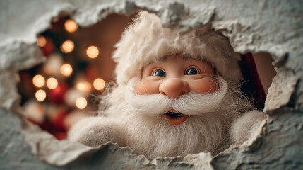 Santa Claus smiles cheerfully while peeking through a hole in the wall. Background features colorful holiday lights and decorations giving a warm festive feel
