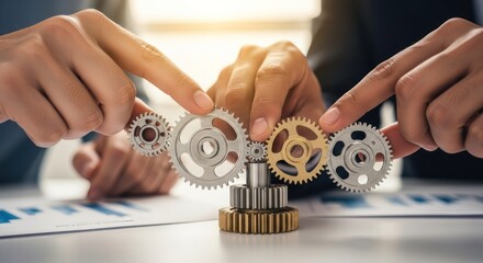Two hands connecting gears with fingers, symbolizing teamwork and collaboration.
