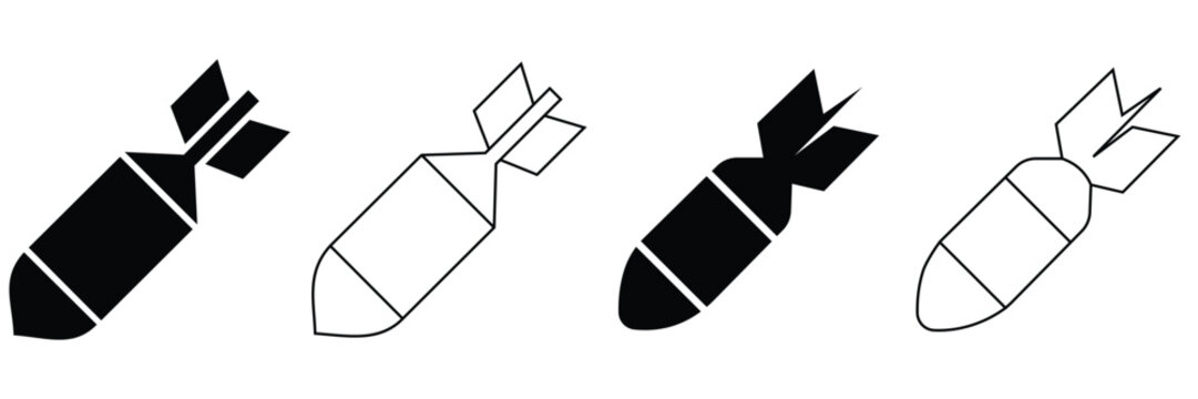 Bomb and Missile Icon Set &ndash; Explosive Device, Nuclear Warhead, Burning Fuse Symbol & Military
 Ordnance Silhouette Vector Collection