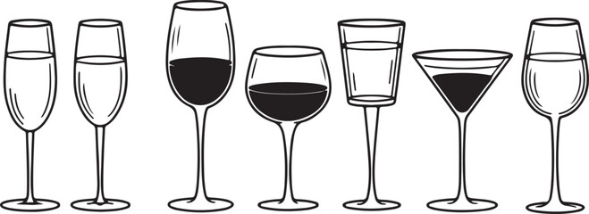 Seven assorted stemmed glasses display various black liquid levels with a transparent background