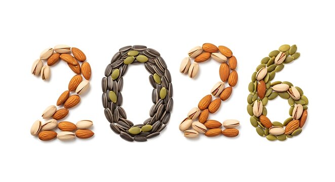 2026 year number formed from assorted nuts and seeds on white background