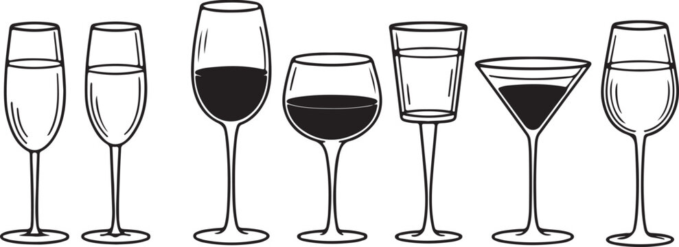 Seven assorted stemmed glasses display various black liquid levels with a transparent background