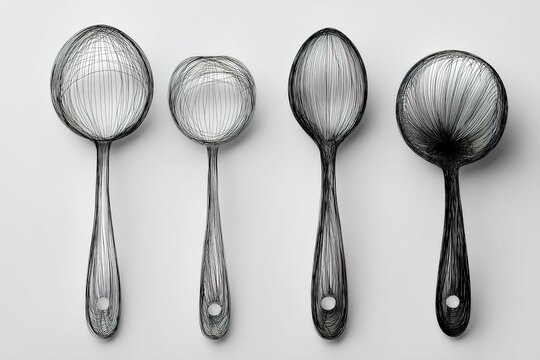 Unique wire kitchen utensils arranged neatly on a white surface showcasing modern design and artistic craftsmanship in utensil creation
