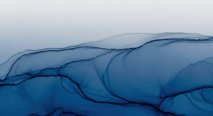 Abstract blue and white fluid art painting with flowing waves and ripples.