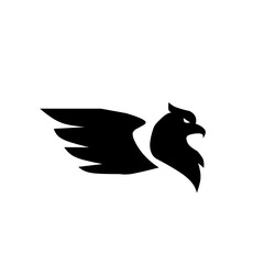 A bold, dynamic black silhouette of an aggressive eagle or hawk head combined with a stylized wing, symbolizing freedom, speed, high performance, and fierce predatory power.