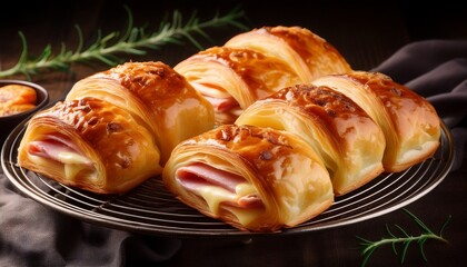 flaky pastry rolls filled with salty ham and melted cheese ready to be served warm from the oven breakfast food