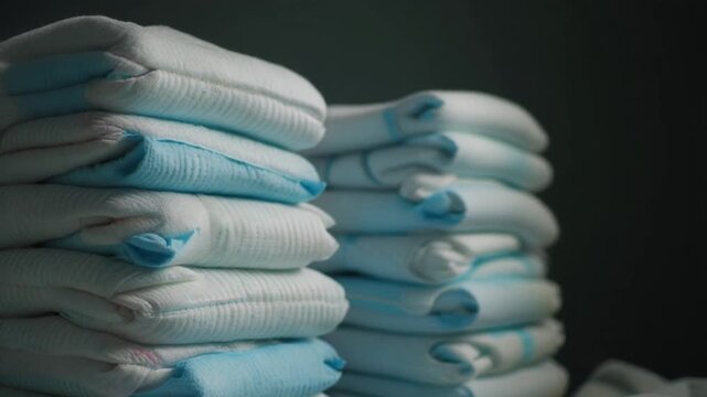 Close up of stacked disposable baby diapers, suggesting a concept of care and essential child-rearing supplies