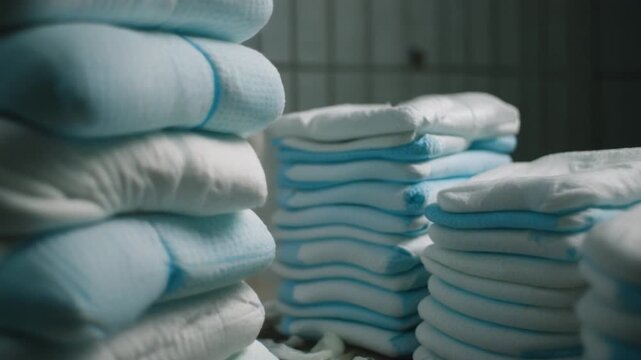 Stacks of disposable baby diapers in a storage facility, suggesting a large supply and readiness for use by parents and caregivers