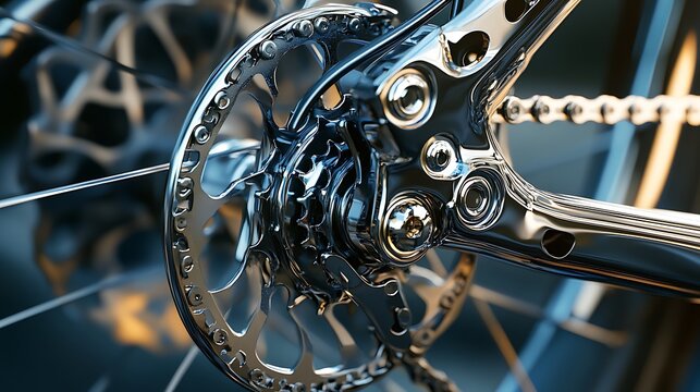 Close up of a shiny metal bicycle chain and gear mechanism with blurred background elements present - Powered by Adobe