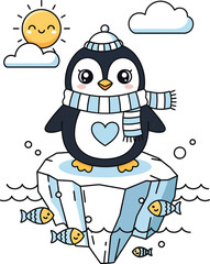 Adorable cartoon penguin with a heart on its belly wearing a striped blue scarf and a winter pompom hat.