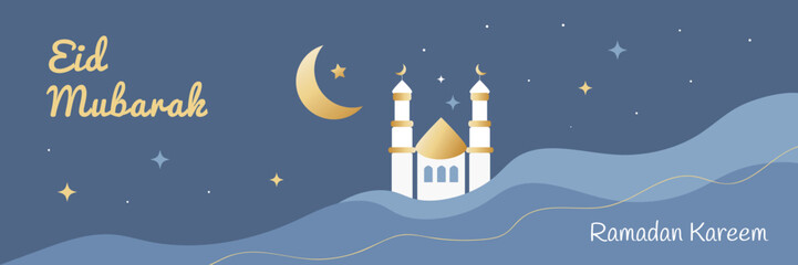 Eid mubarak arab celebration banner. Mosque, moon, star, text. Poster for web design. Vector illustration