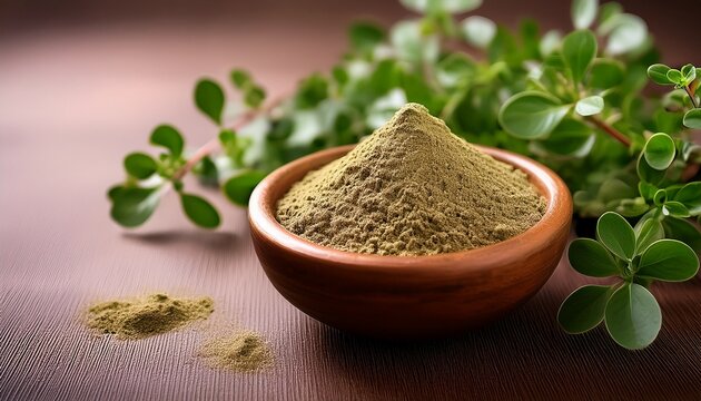 bacopa monnieri herb plant or ayurvedic brahmi plant with powder in a bowl selective focus