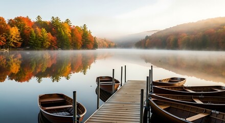 Autumn Serenity Boats on a Misty Lake at Dawn with Vibrant Fall Foliage