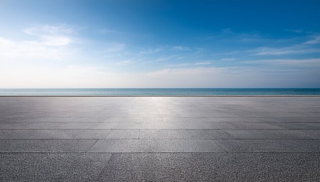 empty sea view plaza with clear sky background asphalt floor gray wall rendering sea view plaza clear sky background