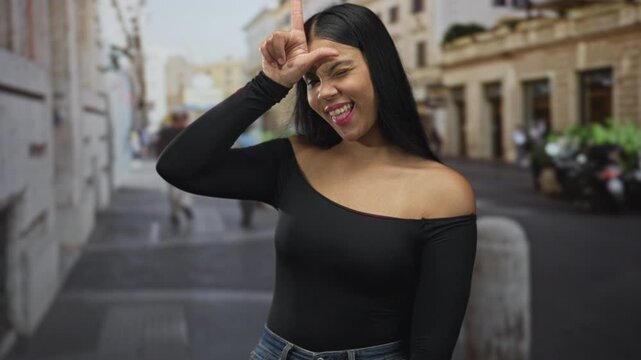 Woman in black off shoulder top smiles and forms l sign with hand on forehead on city street; playfulness.