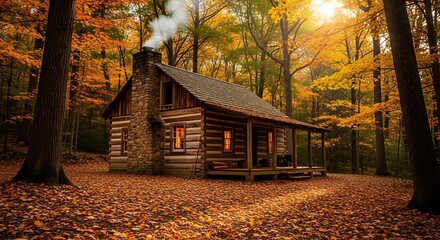Rustic log cabin nestled in a vibrant autumn forest with smoke rising from the chimney