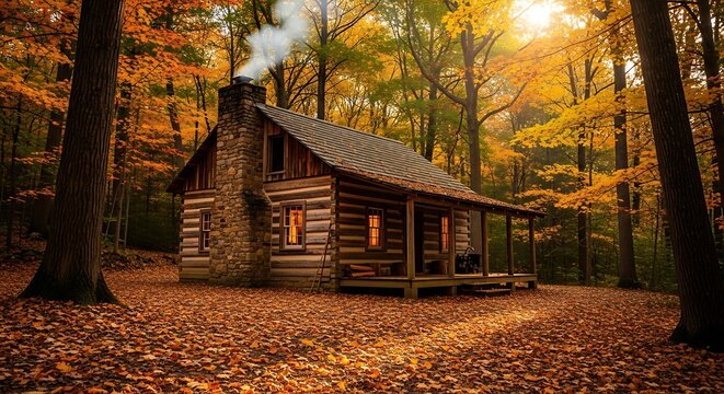 Rustic log cabin nestled in a vibrant autumn forest with smoke rising from the chimney - Powered by Adobe
