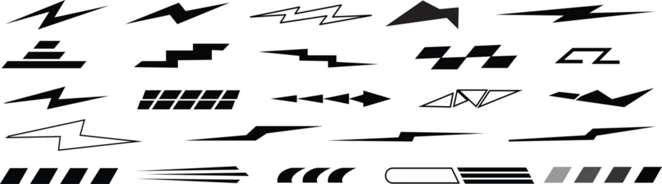 Dynamic vector set featuring abstract speed lines, lightning bolt shapes, and geometric graphic elements perfect for energetic designs and modern decals