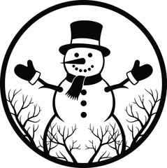 Smiling winter snowman silhouette with hat, scarf, and mittens inside circular frame, surrounded by leafless trees, festive seasonal vector artwork