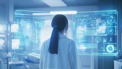 Scientist analyzing medical data on futuristic holographic screen - Powered by Adobe