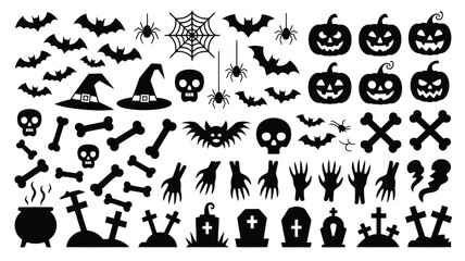 Naklejka premium Spooky Halloween silhouettes featuring haunted houses, ghosts, witches, skeletons, bats, and creepy trees perfect for festive designs
