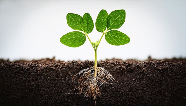 green soybean plant with healthy roots growing in soil isolated on background soybean plant green growth roots soil