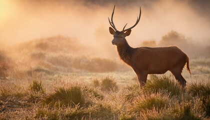 Obraz premium sambar deer in the misty morning wallpaper landscape image