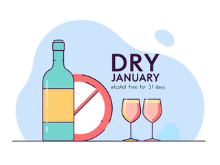 Dry January Illustration with Wine Bottle Glasses and No Alcohol Sign