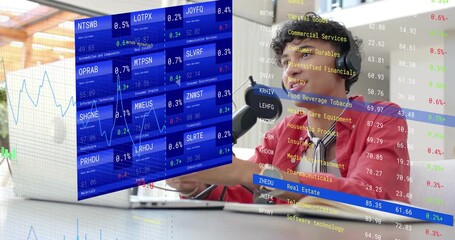 Presenter leaning to mic as ticker panel appearing, explaining finance with line chart tickers - Powered by Adobe