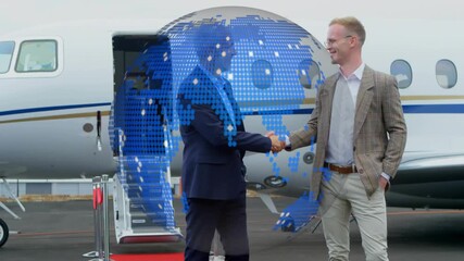 Two execs approaching jet and extending hands sealing handshake for business while globe expanding - Powered by Adobe