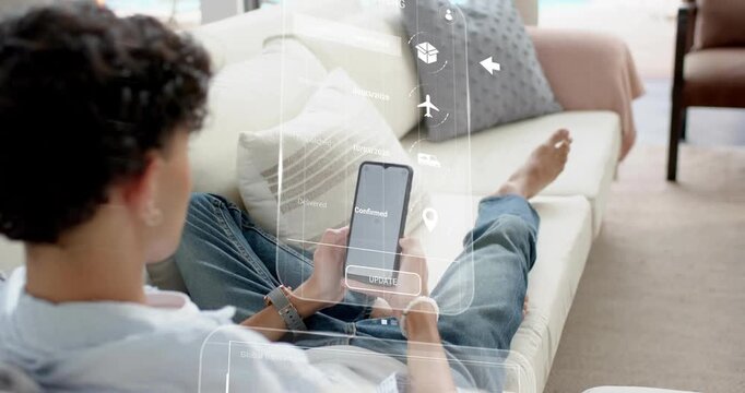 Man lounging sofa tapping phone starting AR map charts chat entering order code confirming delivery