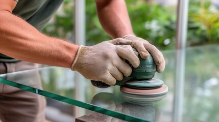 Worker using electric sander to apply glazing on glass panels in a production setting with close-up view of hands and tool on table surface