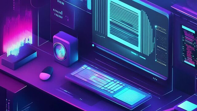 Futuristic isometric workstation with digital data visualization and coding