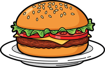 Cartoon cheeseburger with lettuce tomato and a beef patty on a sesame seed bun served on a plate.