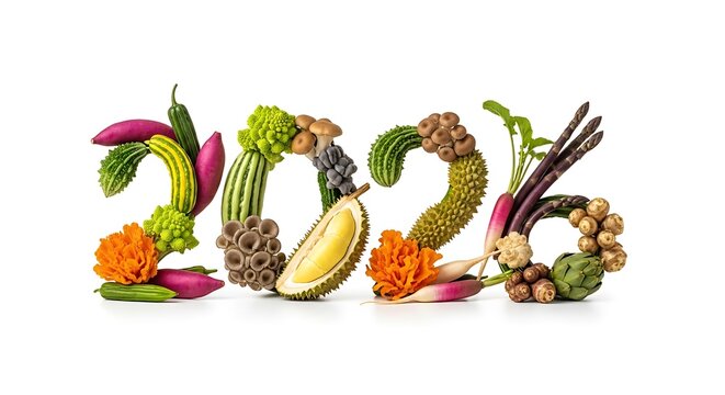 Healthy new year 2026 numbers made from fresh vegetables and fruits