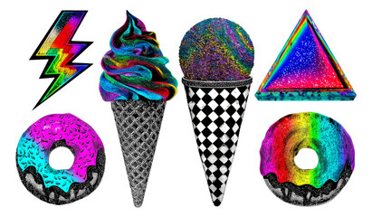 Colorful Retro Elements with Ice Cream, Donuts, and Geometric Shapes Isolated